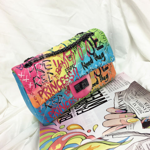 Women's bag 2019 new color graffiti printing shoulder bag fashion travel bag luxury chain Messenger bag