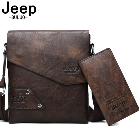 JEEP BULUO Brand Men Leather Bag 2 Piece Set Shoulder Business Casual Messenger Bag Crossbody Male Tote Bags High Quality Casual