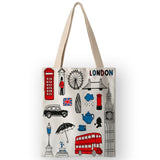 AKB01110 Vinatge British Style Womens Canvas Bags Handbags Cartoon London Prints Shoulder Bags for Shopping Travel