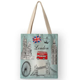 AKB01110 Vinatge British Style Womens Canvas Bags Handbags Cartoon London Prints Shoulder Bags for Shopping Travel