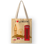 AKB01110 Vinatge British Style Womens Canvas Bags Handbags Cartoon London Prints Shoulder Bags for Shopping Travel