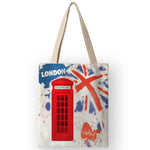 AKB01110 Vinatge British Style Womens Canvas Bags Handbags Cartoon London Prints Shoulder Bags for Shopping Travel