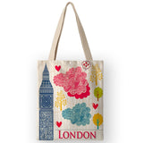 AKB01110 Vinatge British Style Womens Canvas Bags Handbags Cartoon London Prints Shoulder Bags for Shopping Travel