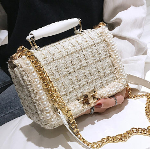 2019 Winter Fashion New Female Square Tote bag Quality Woolen Pearl Women's Designer Handbag Ladies Chain Shoulder Crossbody Bag