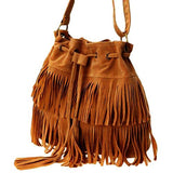 Fashion Women Faux Suede Fringe Drawstring Bucket Bag Solid Color Vintage Tassel Crossbody Shoulder Bags