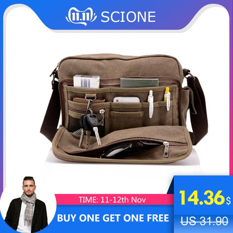 Scione Canvas Multifunction Messenger Shoulder Bag Solid Briefcases Suitcase Card Pocket For Men Women Office Outdoor Travel Bag