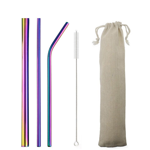 5pcs Reusable 304 Stainless Steel Straw Metal Smoothies Drinking Straight Straws Silicone Cover with Brush Bag Wholesale