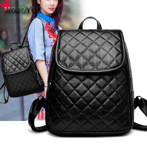 Fashion Black PU Leather Backpack Female Plaid Backpacks for Adolescent Girls Women Spliced Casual Small School Bag