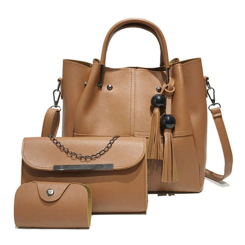 3pcs Women Lady Leather Handbag Tassel Shoulder Bags Tote Purse Messenger Satchel Top Handle Bag Set